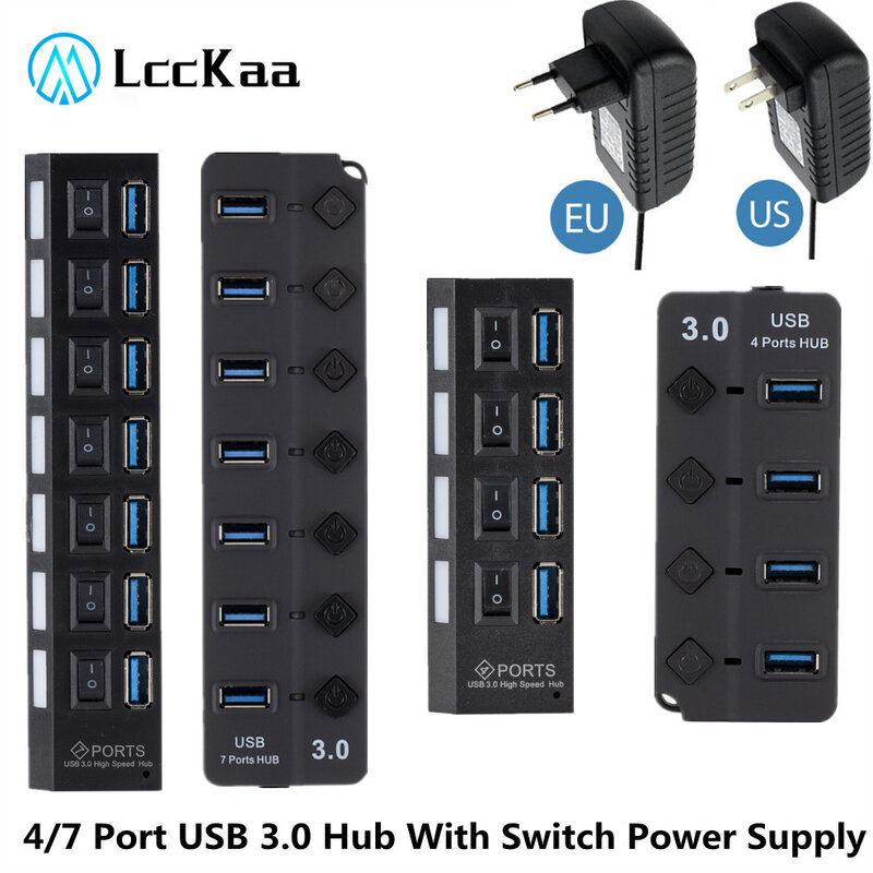 LccKaa USB 허브 3.0 멀티 USB 분배기 4/7 포트 USB Hab 스위치 전원 어댑터 미니 허브 분배기 PC 노트북 케이블 커넥터