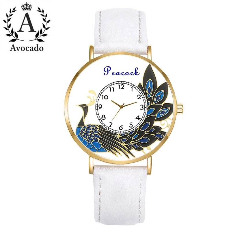 Novo e na moda ouro pavão feminino relógio de pulso de quartzo das mulheres relógios pulseira de couro