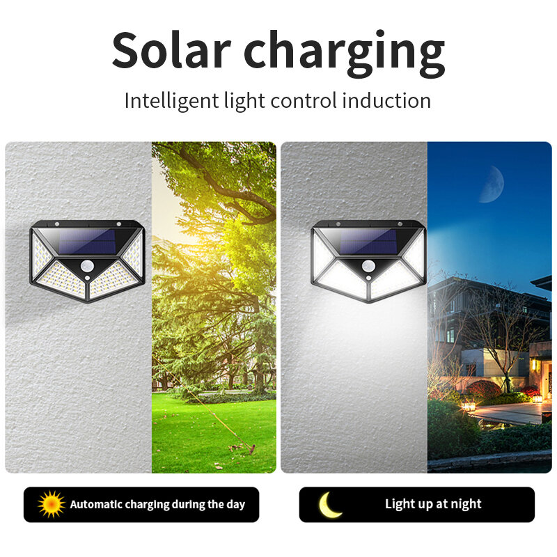 Lampe solaire à 100 LED avec capteur de mouvement PIR, luminaire d'extérieur, applique murale, 3 modes d'éclairage, idéal pour un jardin, un sentier ou la rue