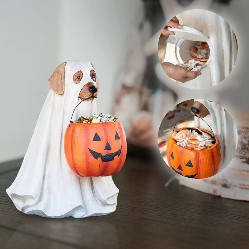 Decoração de halloween cão branco abóbora doces tigela varanda porta distribuição e distribuição presentes artesanato resina