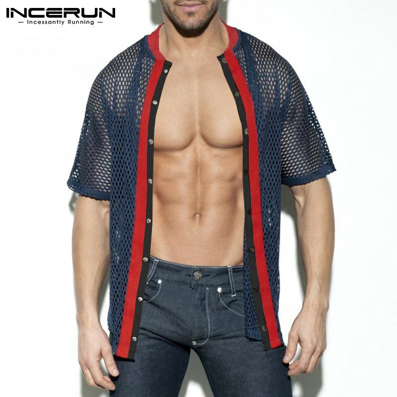 INCERUN بلايز 2021 جديد الرجال بلوزة عادية الشارع الشهير مخطط Camisetas شبكة مستديرة الرقبة مريحة زر قمصان الموضة S-5XL