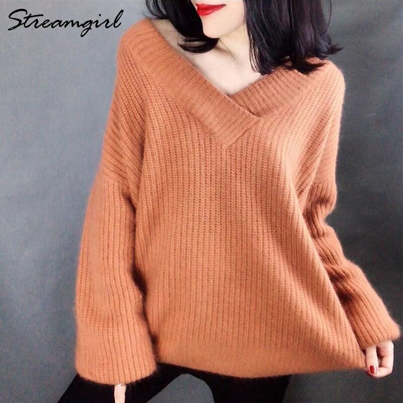 Tebal Sweater untuk Musim Dingin Hangat Khaki Kebesaran Pullover Wanita Sweater dan Pullovers Putih V Leher Sweater Jatuh Tebal