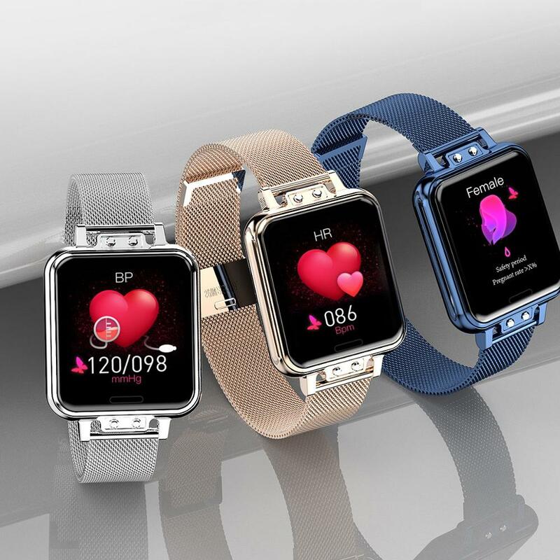 Reloj inteligente cuadrado de alta gama para mujer, pulsera de malla de acero inoxidable, resistente al agua, podómetro de ritmo cardíaco, Bluetooth