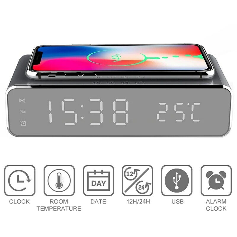 Electric LED Alarm Clock With Phone Wireless Charger Desktop Digital Thermometer Clock HD Mirror Clock With Date 12/24 H Switch