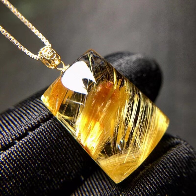 Ouro natural rutilated quartzo retângulo pingente 20.2*14.4*8.4mm pingente de cristal jóias 18k ouro aaaaaa