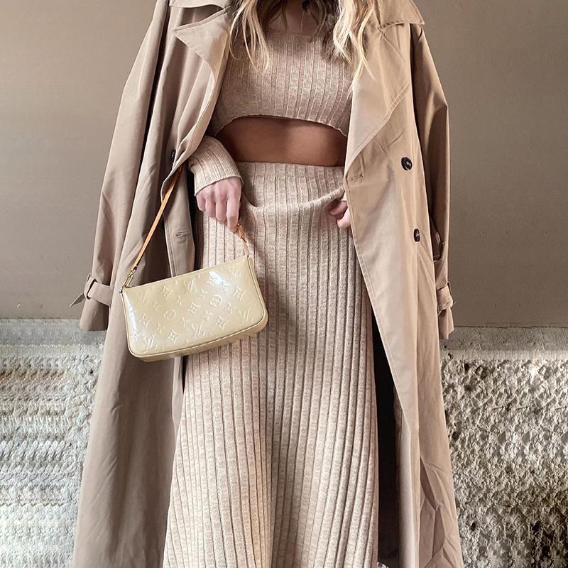 Two Piece Outfits Solid Chic Pullover Ladies Set Elegant Autumn Women Knitted Pleated Skirt Suit Slim Crop Top Long Casual Skirt