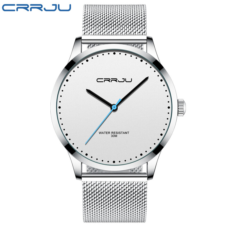 CRRJU-reloj deportivo informal para hombre, cronógrafo de cuarzo de acero inoxidable, resistente al agua, clásico, de negocios, color blanco plateado