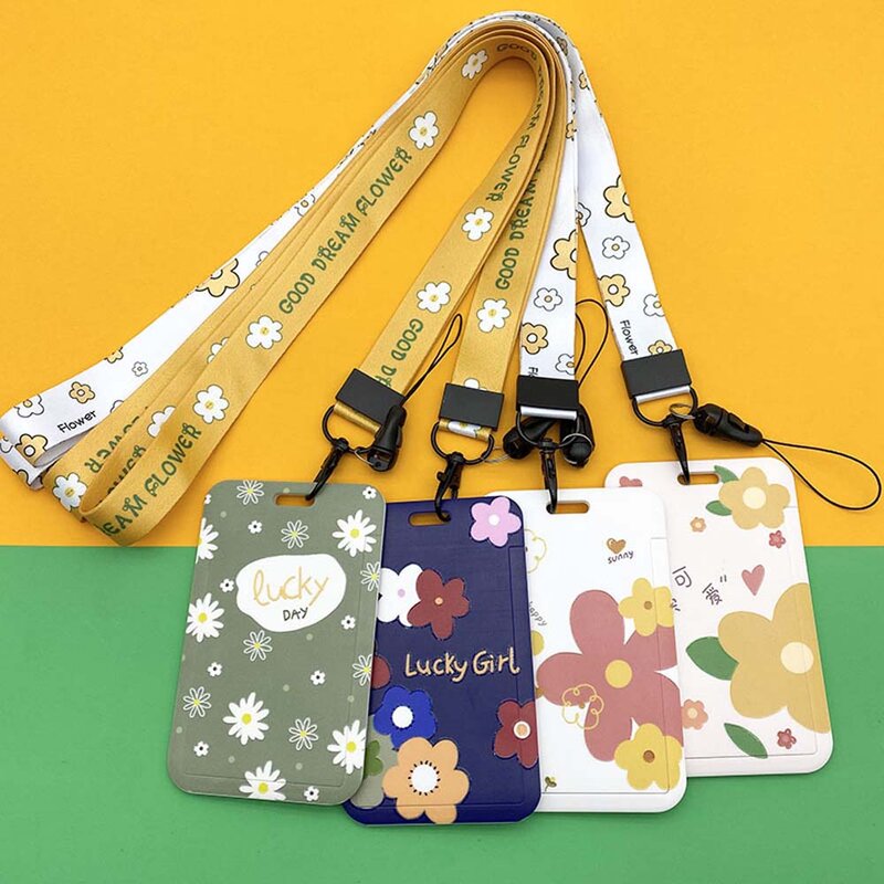Fashion Flower Sliding Cover Lanyard Credit Card ID Bag Student Lady Bank Card Bus Business Card Protective Cover Key Chain