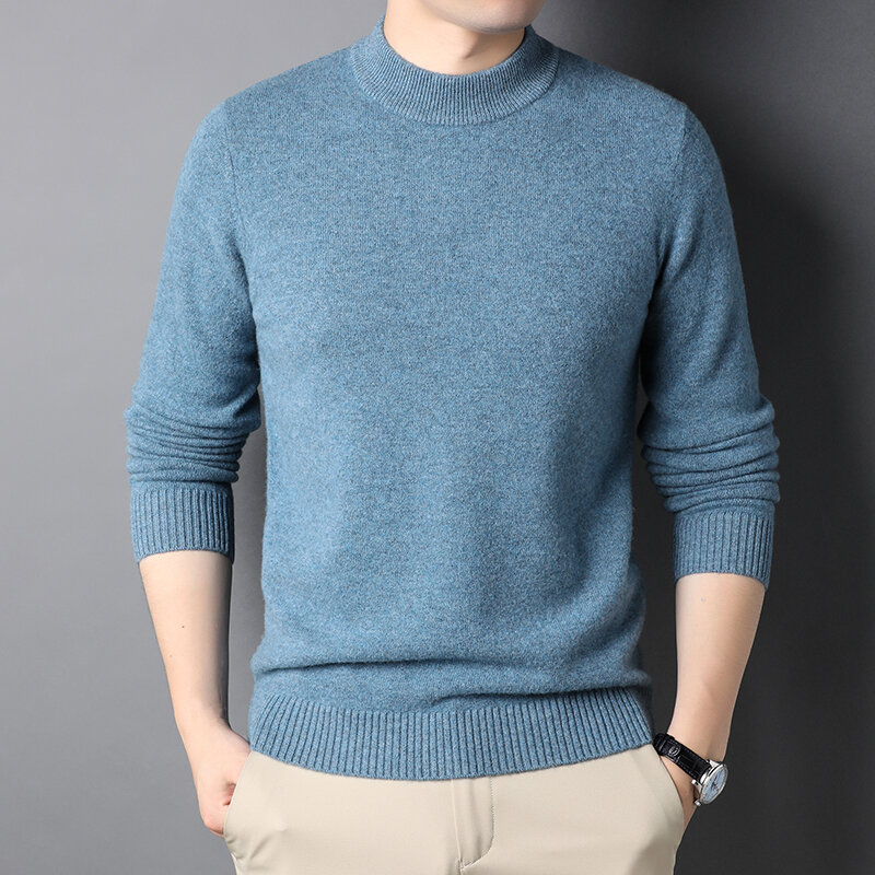 Suéter de lana pura para 100%, jersey de manga larga de medio cuello alto, tejido de respaldo, Otoño e Invierno