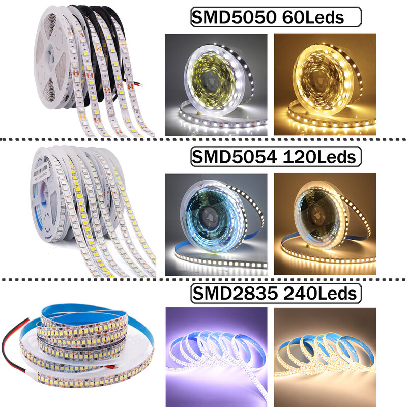 5M RGB LED Strip Light DC12V 2835 5050 5054 SMD Flexible LED Tape 60/120/240Leds Ribbon Waterproof Rope Light 3000K 4000K 6000K