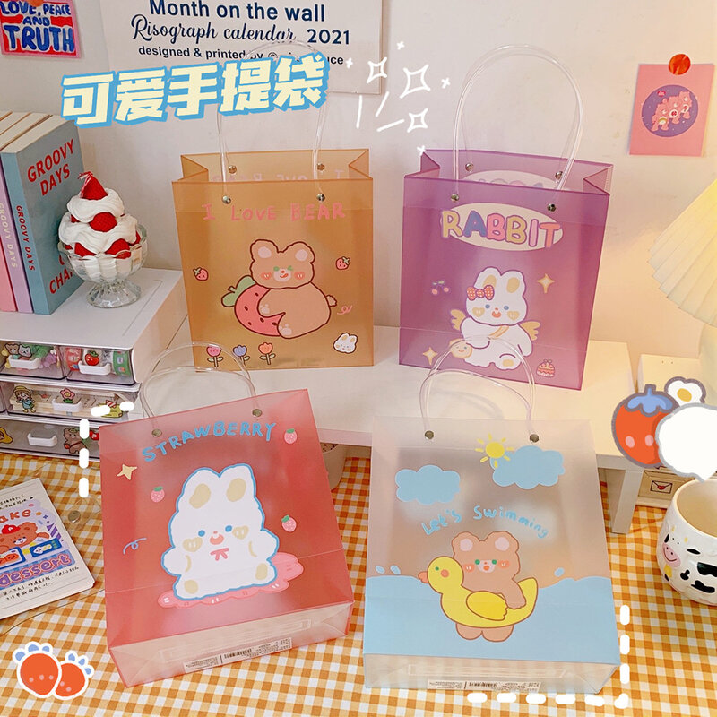 Kawaii Korean Pvc Cosmetic Packing Bag Girls Cartoon Bear Rabbit Cute Shopping Gift Bag For Kids Notebook Stationery Pouch