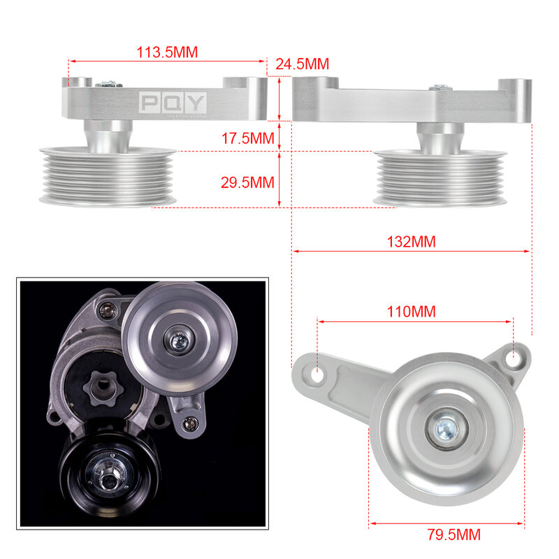 PQY - Adjustable EP3 Pulley Kit For Honda 8th 9th Civic All K20 & K24 Engines with Auto Tensioner Keep A/C Installed CPY01/02