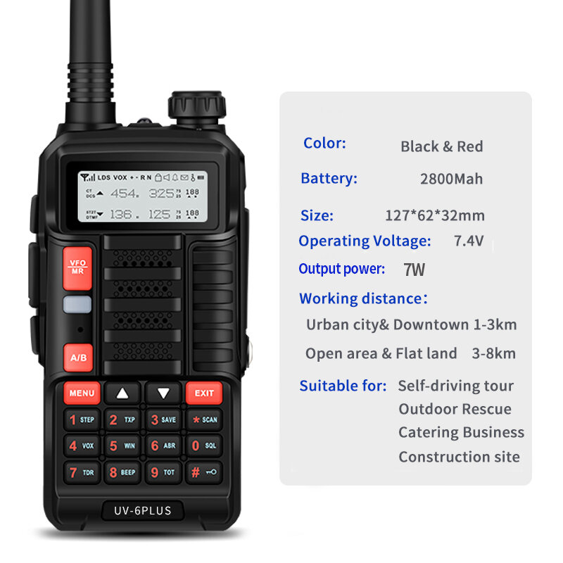 Baofeng-walkie-talkie UV-6 PLUS de largo alcance, recargable, 7W de potencia, banda Dual, transceptor de radio ham, uv-5r, radio cb para caza