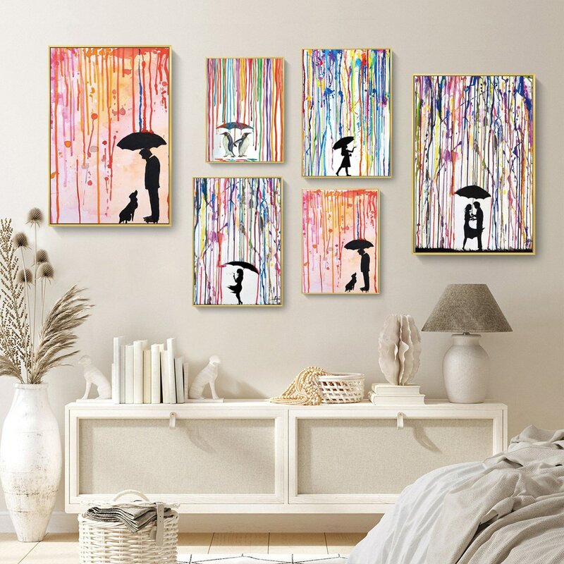 Nórdico abstrato pintura a óleo arco-íris amantes na chuva pintura da lona banksy cartaz sala de estar corredor decoração casa mural