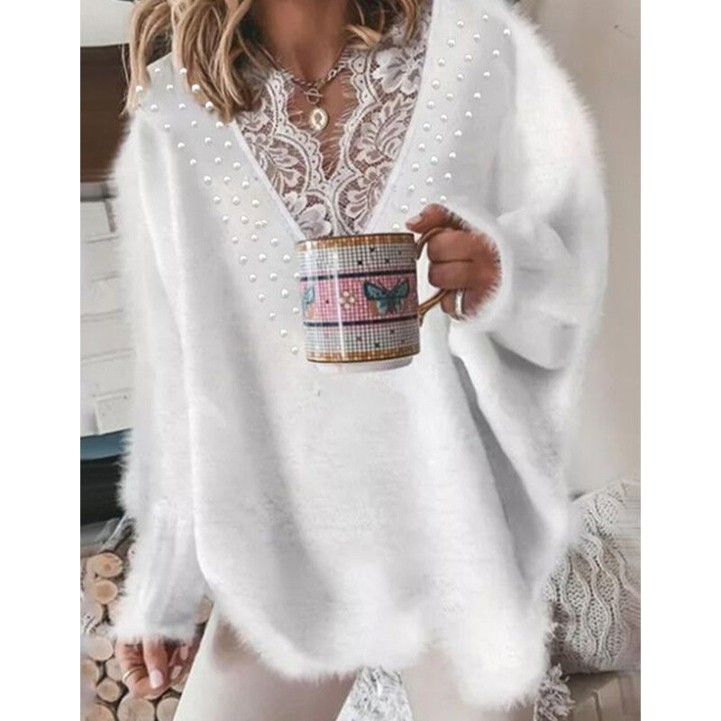Sweaters Women Lace V Neck Stitched Bead Spring Fashion Loose Casual Pullovers Knitted Sweater  Lugentolo