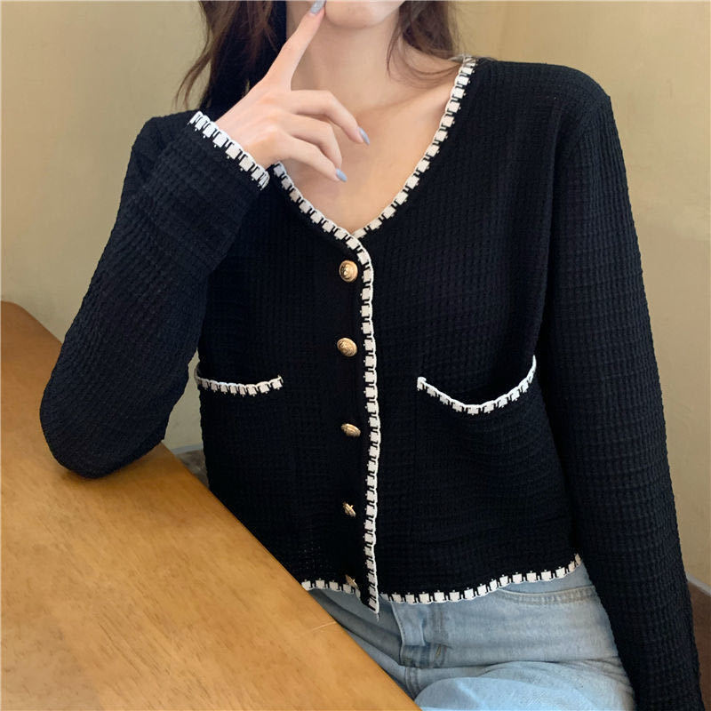QWEEK-top de punto Vintage abotonada para mujer, cárdigan de punto de algodón, estilo coreano, blusa negra Retro de moda 2021