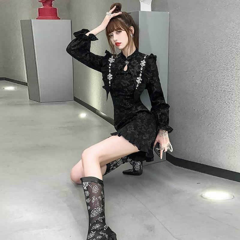 Vestido de estilo chino de manga larga para mujer, minivestido elegante de estilo coreano que combina con todo, ropa Vintage de ocio mejorada para Otoño e Invierno