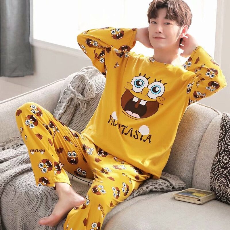 Herfst Lange Mouwen Mannen Nachtkleding 100% Katoen Dunne Gedeelte Cartoon Tieners Student Lounge Slaap Pyjama Set M-5XL