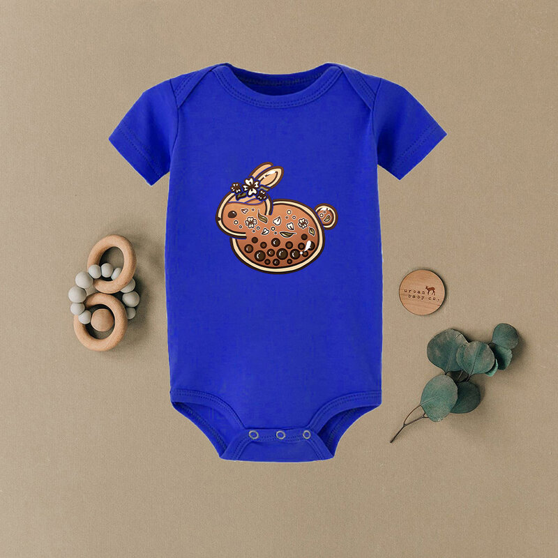Novidade estilo dos desenhos animados recém-nascidos verão macacão engraçado bolha chá coelho impressão bebê menino azul bodysuits tecido macio roupas para o bebê