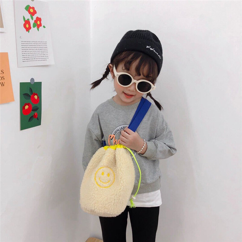 Bolso escolar con pelo de oveja para niños, bolsa de hombro con cara sonriente, estilo coreano, con cordón para ir de compras