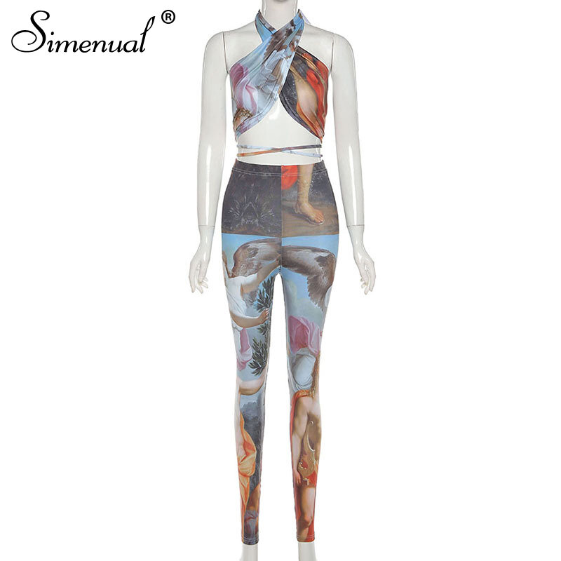 Simenual Bandage Criss 크로스 섹시한 매칭 세트 여성 인쇄 홀터 탑과 바지 Two Piece Outfits 여름 패션 클럽 파티 세트