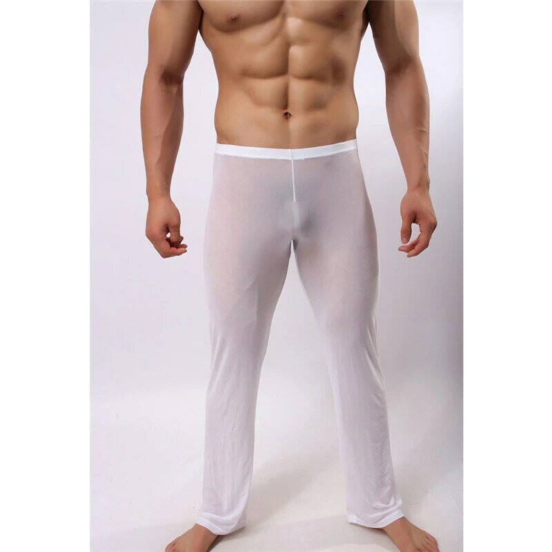 Novo homem longo calça sleepwear sexy malha respirável deslizamento mans sleep bottoms calças casuais dos homens homewear ver através de calças de pijama