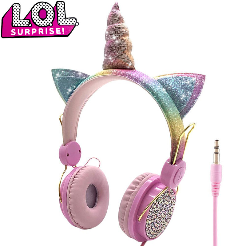 LOL lalki niespodzianka śliczne jednorożec przewodowe słuchawki z mikrofonem muzyczne słuchawki Stereo komputer zestaw słuchawkowy do telefonu komórkowego dla dzieci prezent