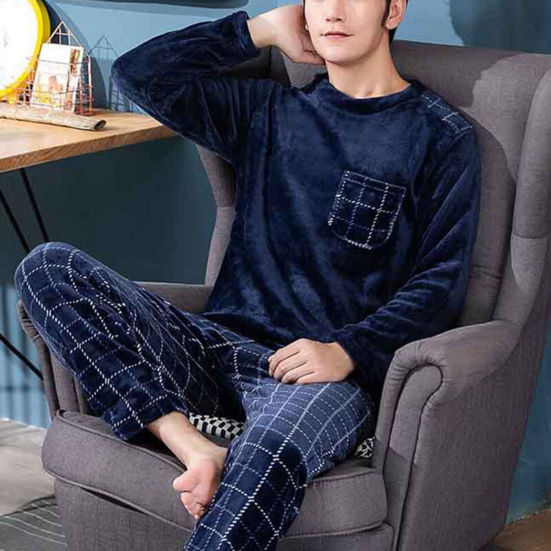 2020 Winter Long Sleeve Thick Warm Flannel Pajama Sets for Men Coral Velvet Sleepwear Suit Pyjamas Lounge Homewear Home Clothes