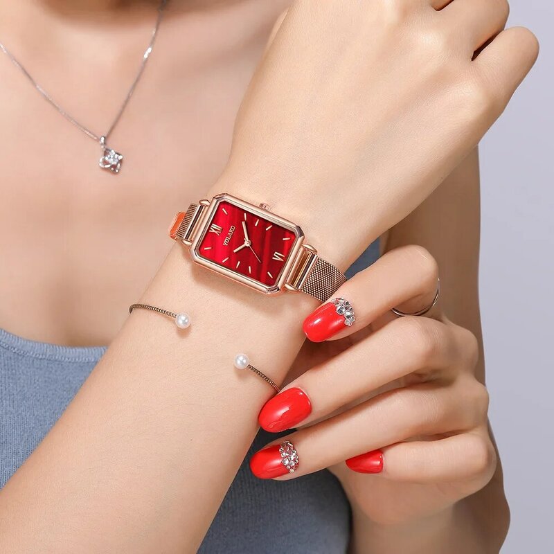 Relógios femininos relógio quadrado moda senhoras quartzo couro & malha cinto pequeno dial simples relógios femininos de luxo