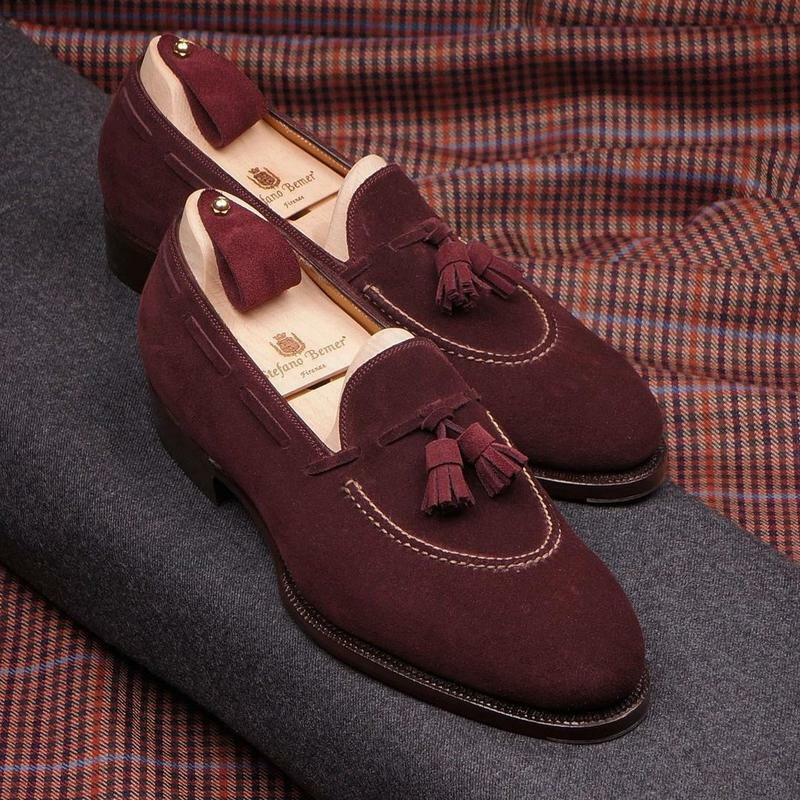Мужские замшевые туфли на низком каблуке, классические мокасины цвета Бургунди с бахромой в стиле ретро, повседневные мужские туфли, x154, для...