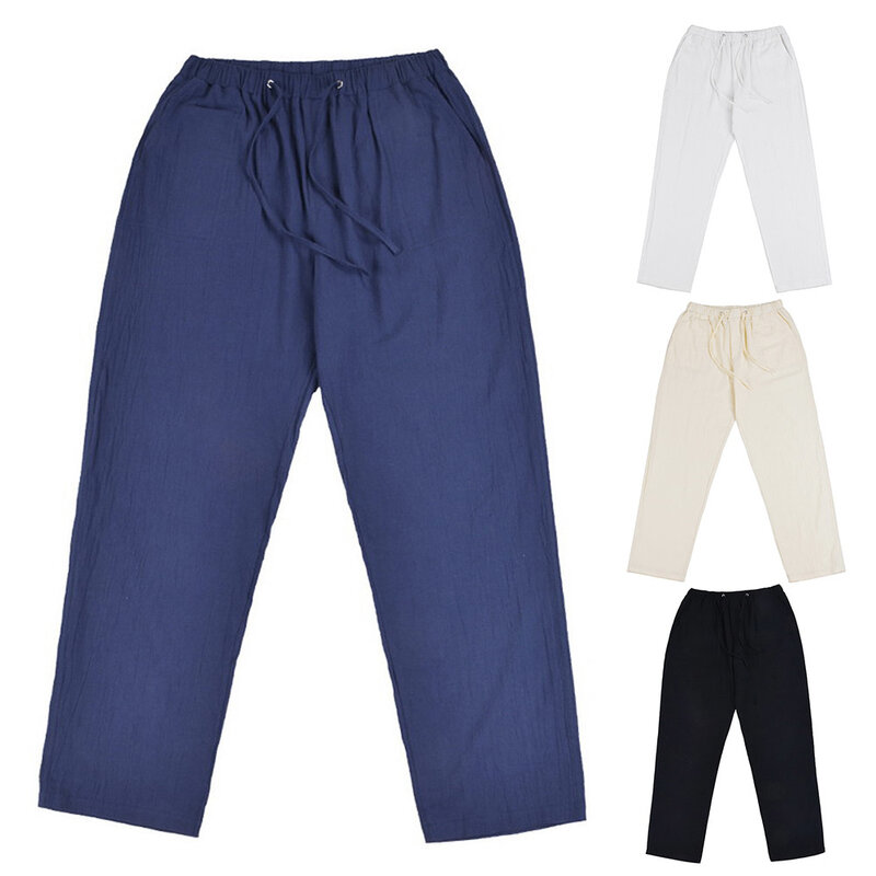 Pantalones de lino y algodón natural para hombre, pantalón informal, de cintura elástica, liso, para correr, talla grande 5XL