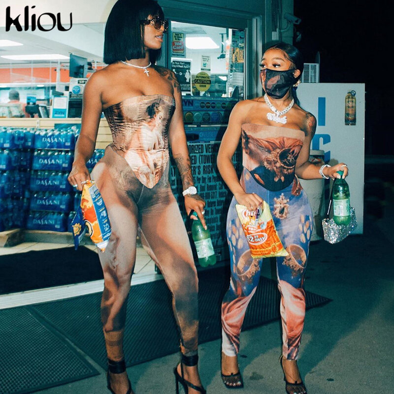 Kliou – Combinaison sans manches et sans bretelles pour femme, style salopette avec des imprimés, extensible, décontracté et moulante, vêtements de sport