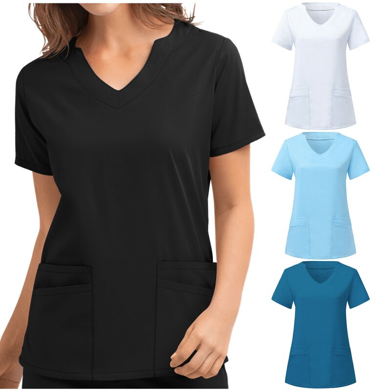 Blusa de manga corta con cuello en V para Mujer, camisa para trabajadores del cuidado de bolsillo, accesorios de enfermería, Uniformes clínicos para Mujer