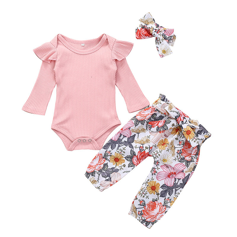 ¡Novedad de otoño! Mono de manga larga para niña bebé + Pantalones con estampado de flores + diadema conjunto de traje informal