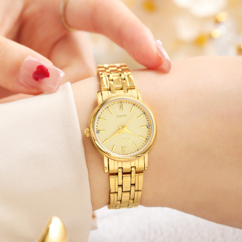 Nieuwe Paar Gouden Horloges Mode Luxe Kky Merk Quartz Horloge Fashion Business Mannen Horloge Vrouwen Horloges Full-Staal Paar uur