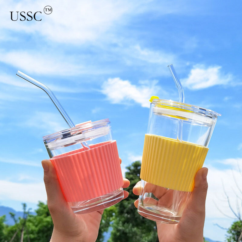 USSC 350/450ml Transparent Glass Water Cup With Flat Bottom Breakfast Milk Coffee Mug Set Heat-resistant Straw Portable HZ006