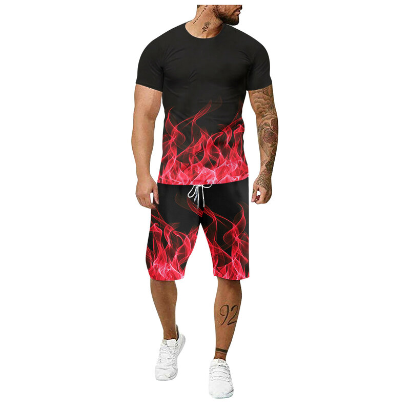 63 # Мужская одежда 2021, мужские летние спортивные костюмы для отдыха, костюм из двух предметов с 3D-принтом пламени, футболка и шорты для фитнес...