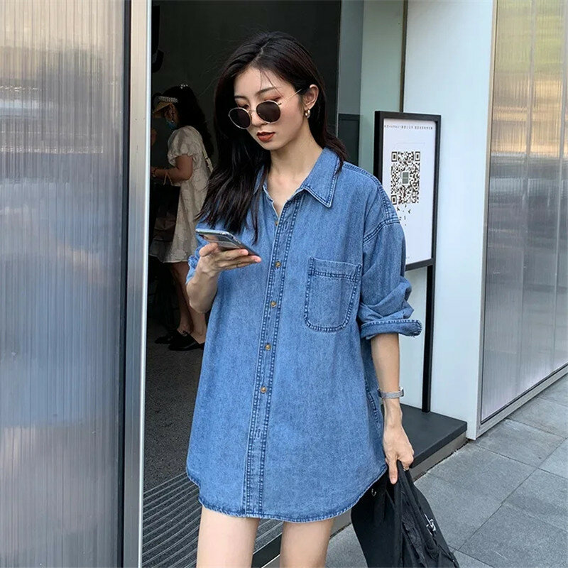 Azul jean camisas das mulheres roupas soltas botão acima denim blusa coreano para fora usar feminino primavera outono 2022 novos topos para senhora jaqueta bf