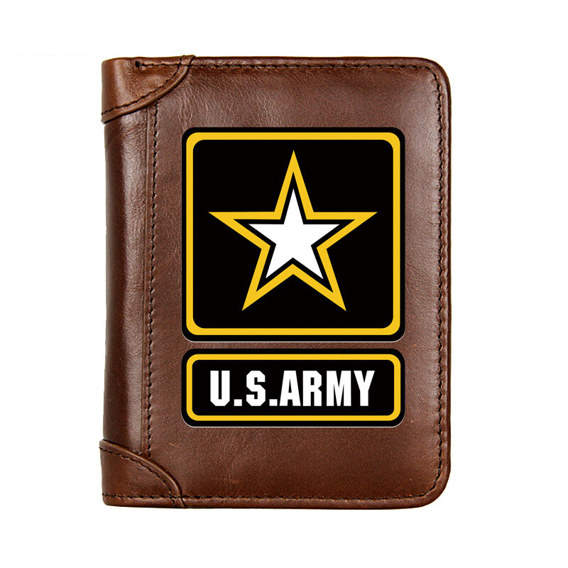 Billetera corta multifuncional de cuero genuino para hombre, billetera corta con insignia del Ejército de los Estados Unidos, Monedero de piel de vaca, portatarjetas con foto de bolsillo