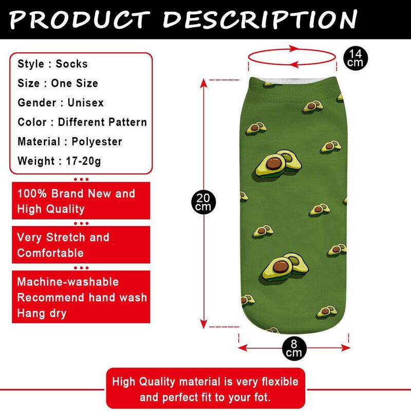 New style avocado 3D printing socks short tube boat socks AB face printing women's socks