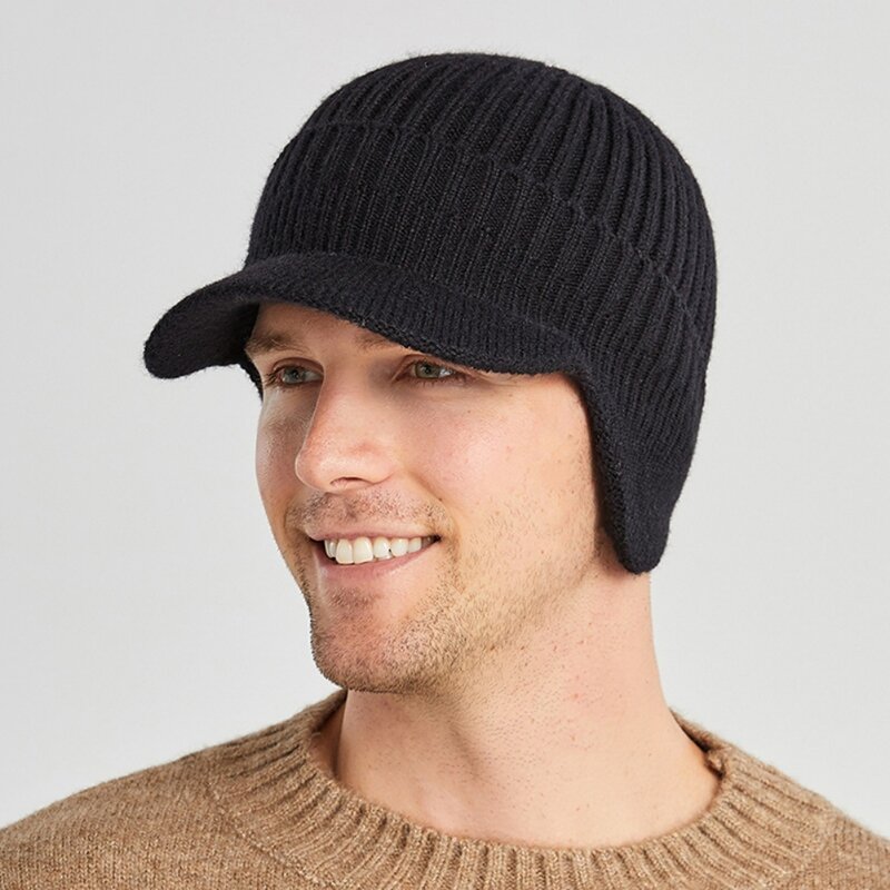Berretto con visiera lavorato a maglia invernale resistente al freddo con paraorecchie cappuccio di protezione per le orecchie cappellino da sci solido addensato caldo caldo all'aperto