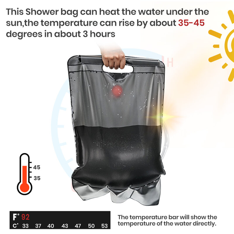 Worek prysznicowy na kemping 5 galonów/20L przenośna torba solarna z wężem przełączającym i głowicą prysznicową do pływania na świeżym powietrzu piknik