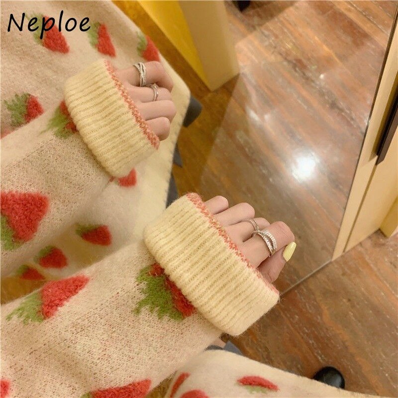 Autumn Winter Sweet Lolita Cute Pink Cartoon Fruit Pattern Knit Women Casual Pullover Loose Sweater Long Style Top