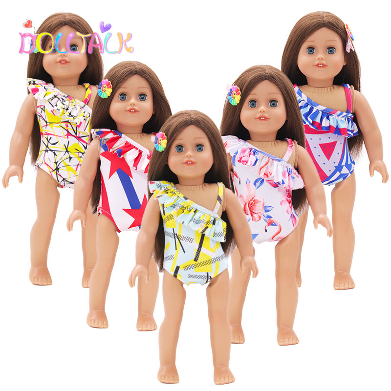 Puppe Kleidung Badeanzug + Haarnadel Fit 43cm Neue Baby Puppe Flamingo Badeanzug Geometrische Anzug Für 18 Zoll Und Unsere generation Puppen