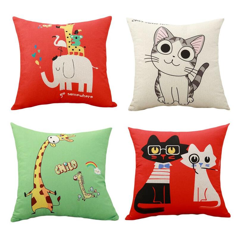 Housse de coussin à motif de chat, taie d'oreiller décorative avec girafe et éléphant, pour canapé