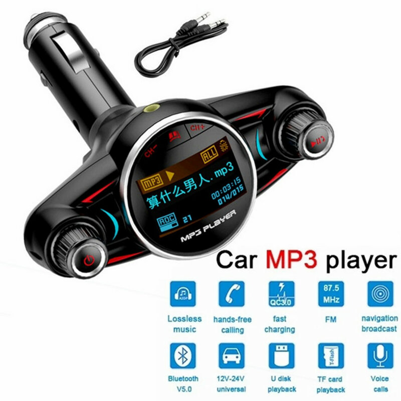 Carro mp3 player sem fio, bluetooth, mãos livres, transmissor fm, kit u disk tf aux, áudio, carregador usb, display lcd, carro, modulador fm