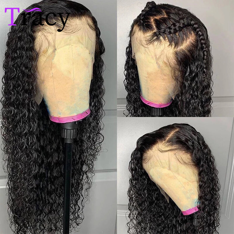 Tracy-pelucas de cabello humano con encaje Frontal 13x4 para mujer, 28 pulgadas, peruano, ondas profundas, HD, trasparente, pelucas con minimechones
