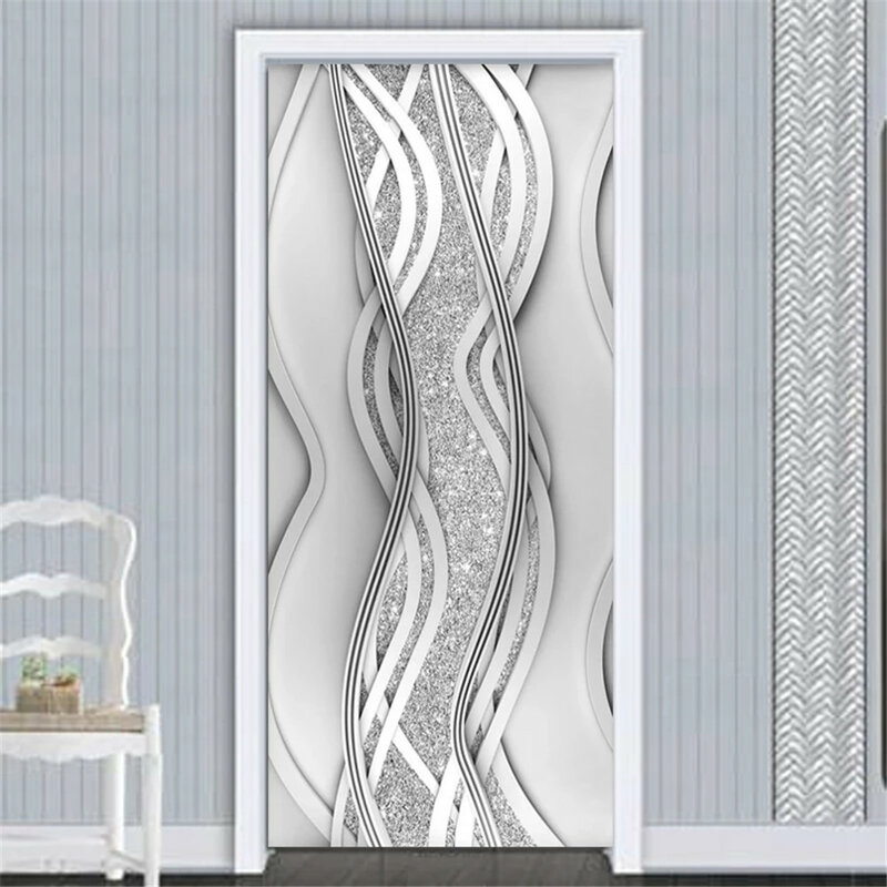 PVC Door Sticker Modern 3D Abstract Fashion Line Silver Pearl Wallpaper Living Room Art Door Poster Self-Adhesive Mural Stickers