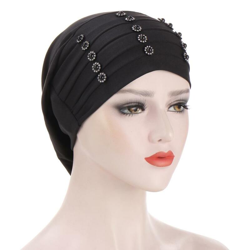 2020 Trendy Muslim Women Ripple Turban Caps With Beading Headscarf Bonnet Islamic Hijab Headwraps Caps Elastic Underscarf Cap