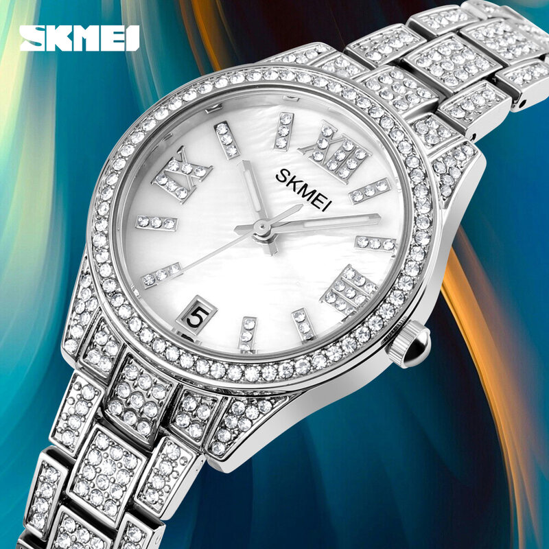 Luxe Gouden Diamant Vrouwen Horloge Quartz Horloge Skmei Merk Top Fashion Rvs Dames Horloges Elegante Klok Relojes